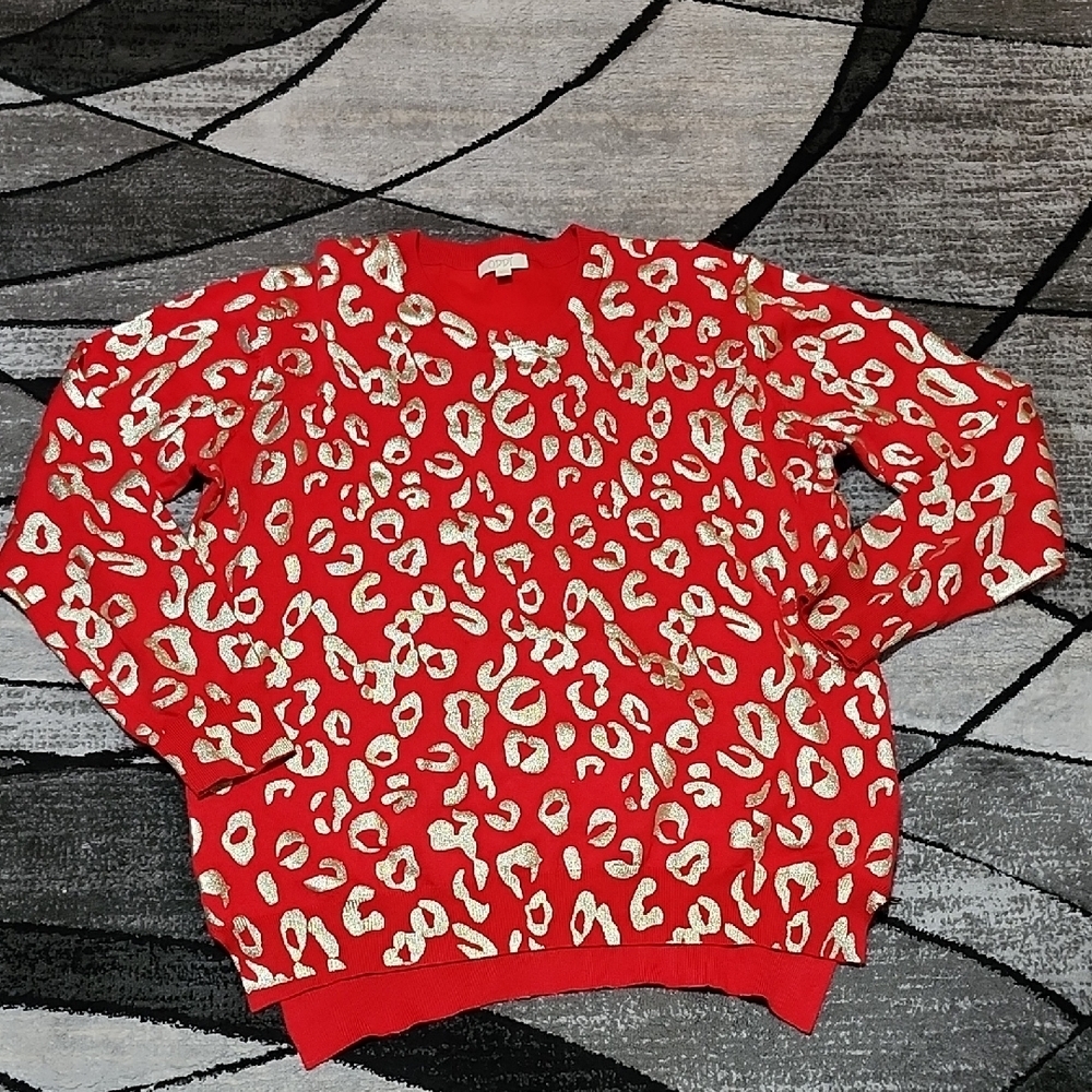 ODDY GOLD METALLIC SHINE LEOPARD PRINT RED SIDE-ZIP CREWNECK LONG-SLEEVE TOP